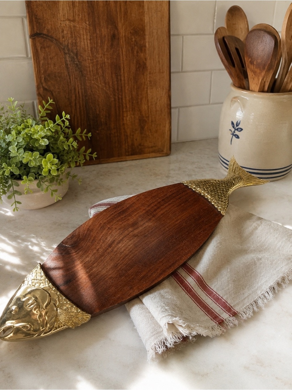 Vintage Ted Arnold Salmon Serving Platter | Gold & Wood Charcuterie Cheese Board - Picture 2 of 5